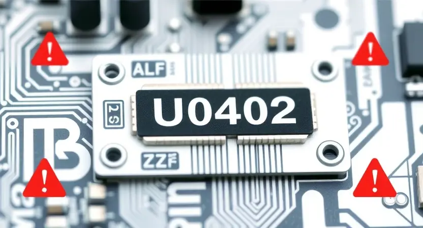 A high-quality technical illustration showing a close-up of a printed circuit board with a highlighted U0402 error code printed on a component, surrounded by subtle warning symbols like exclamation marks and red error icons, clean white background, professional lighting, no text or letters on the image