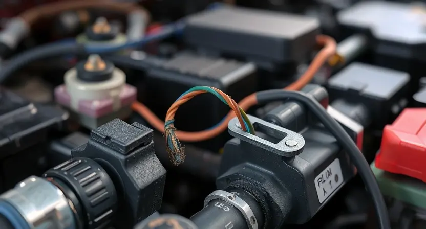 A close-up, detailed image of a car's engine bay with visible electrical components. Focus on a potential voltage leak – perhaps a frayed wire or a damaged connector. The background should be slightly blurred to emphasize the details of the electrical system. The lighting should be realistic, highlighting the textures of metal and plastic.