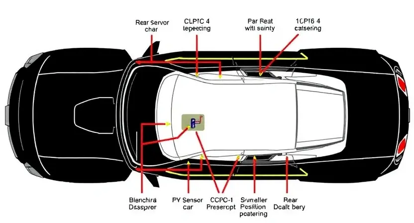 A detailed schematic diagram of a car's body position sensor circuit, highlighting the rear sensor and its connection to the car's electrical system. Focus on the wiring and sensor itself. The diagram should be clean and easy to understand, with clear labels for each component.