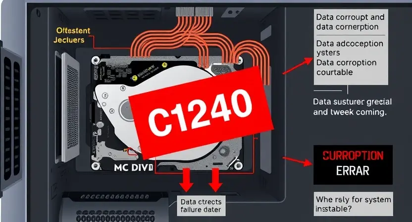 A detailed diagram illustrating the C1240 error in a computer system. The diagram should show a hard drive with a red 'error' symbol overlaid, connected to a motherboard. Arrows should indicate data transfer pathways and potential points of failure. Include visual representations of data corruption and system instability. Focus on clarity and technical accuracy.
