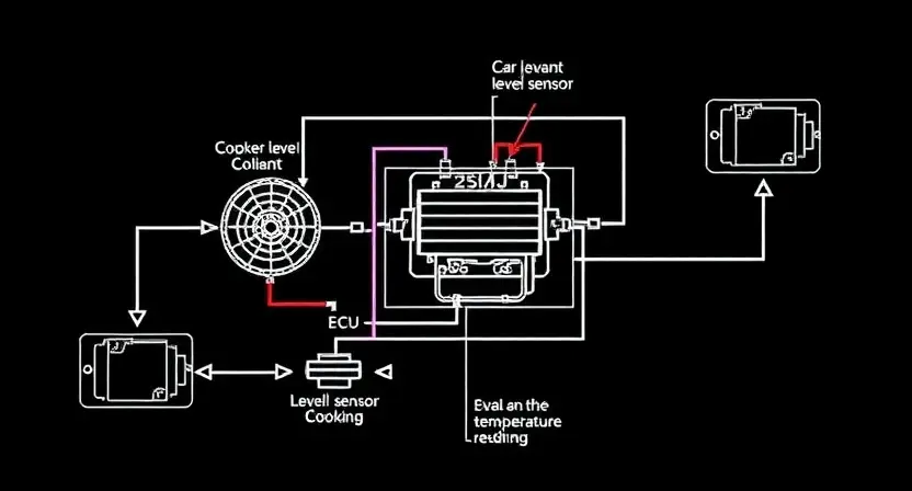 A detailed schematic diagram of a car's cooling system, highlighting the level sensor and its connection to the engine control unit (ECU). Include visual representations of coolant flow and temperature readings. Focus on clarity and precision in the diagram's lines and labels.
