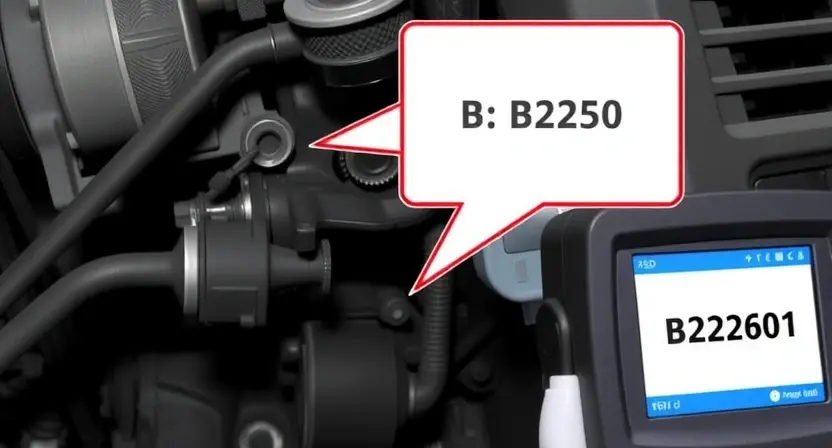 A detailed close-up of a car's steering column system with a highlighted error code B2260 displayed on a diagnostic tool screen. The image should show the internal components of the steering column, such as the steering shaft, universal joints, and any electronic control modules. The diagnostic tool should be positioned to clearly show the error code B2260.