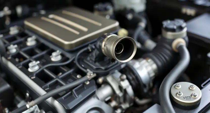 A close-up shot of a car's engine bay, focusing on the mass airflow sensor. The sensor should be clearly visible, with surrounding engine components slightly blurred. The overall lighting should be bright and clean, highlighting the sensor's details. The engine should appear well-maintained and clean.