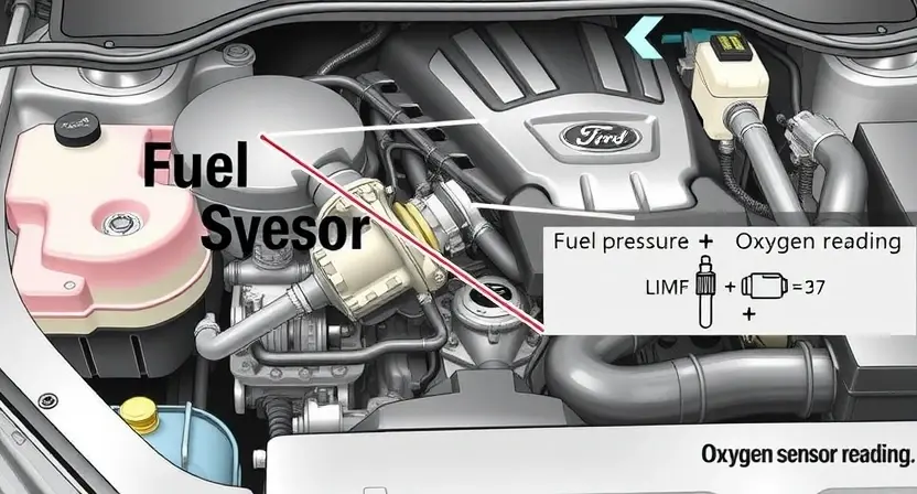 A detailed illustration of an engine bay with a focus on the fuel system. Include a close-up of the fuel sensor, clearly showing its components and connections. Show diagrams illustrating the fuel pressure and oxygen sensor readings. The overall scene should depict a car engine with various components, highlighting the fuel system's role in engine operation.