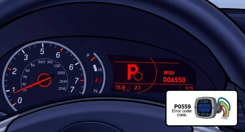 A detailed illustration of a car's dashboard, specifically highlighting the cruise control system. The dashboard should show the cruise control indicator light illuminated, and a visual representation of the P0569 error code displayed on the instrument cluster or a dedicated display. Include wiring diagrams subtly visible near the cruise control module.