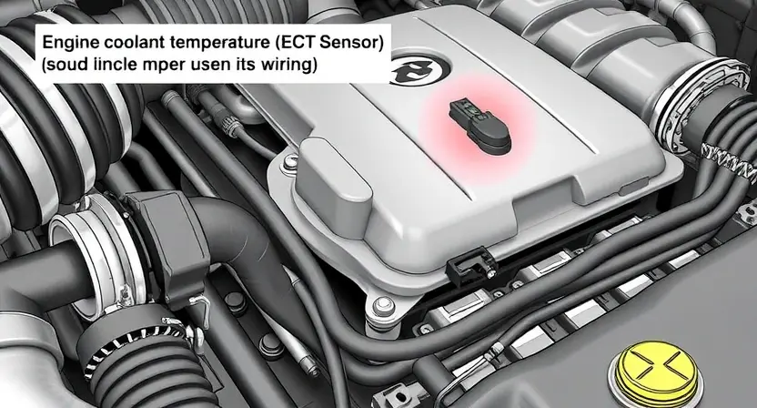 A close-up, detailed illustration of an engine bay with a focus on the Engine Coolant Temperature (ECT) sensor and its wiring. The sensor should be clearly visible, along with surrounding engine components like hoses and the ECU. The image should convey a sense of technical precision and diagnostic inspection.