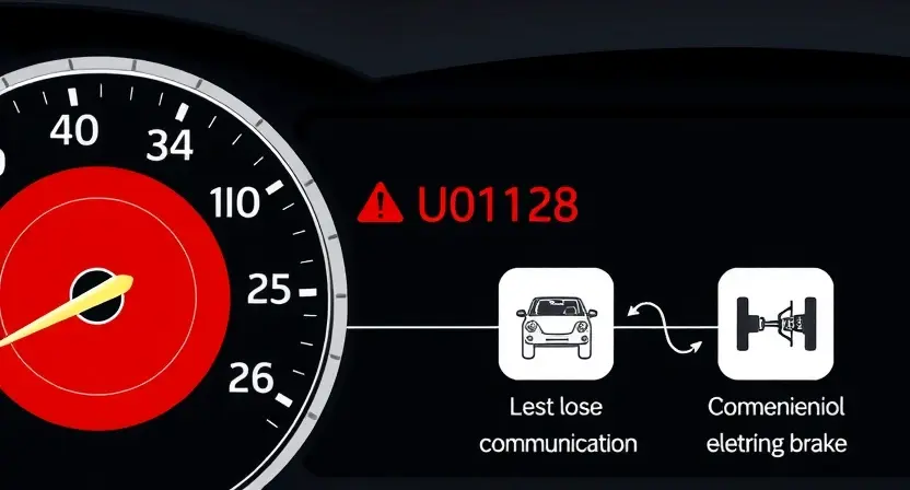 A technical illustration of an automotive electronic control module displaying an error code U0128, showing a warning light on a dashboard, with symbols representing a lost communication link between the vehicle and the electronic parking brake module, clean lines, high detail, no text or numbers on the image