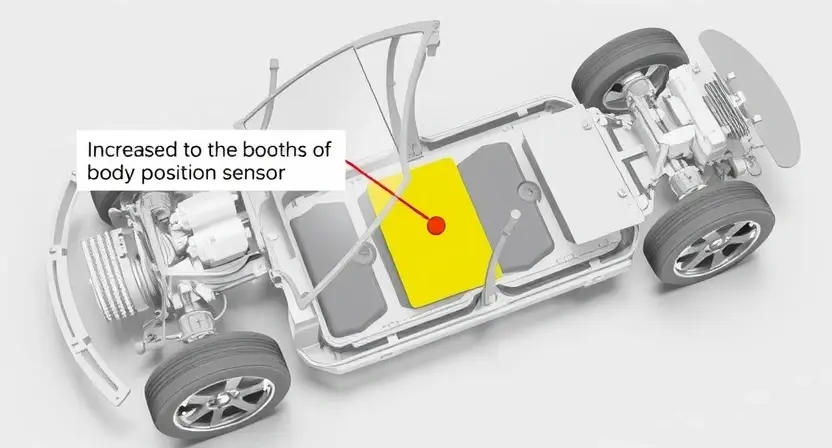 A detailed illustration of a car's chassis with a highlighted sensor. The sensor should be clearly visible, and the surrounding area should depict the body structure. Focus on the location of the body position sensor.