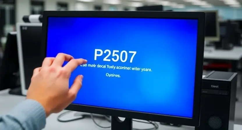 A computer monitor displaying a blue screen with the error message "P2507". A hand is shown interacting with the mouse, suggesting troubleshooting. The background is a blurred office environment with computer equipment.
