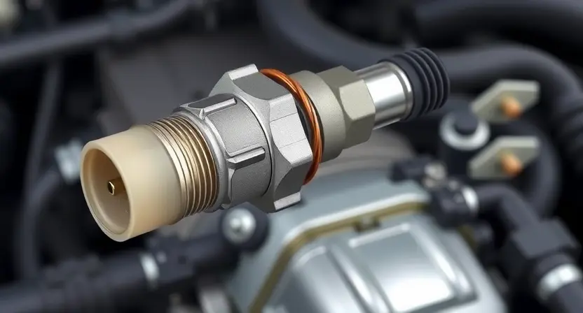 A close-up, detailed illustration of an automotive oxygen sensor, highlighting its components and connections. The background should be a slightly blurred view of a car engine bay. Focus on the sensor's physical structure and wiring.