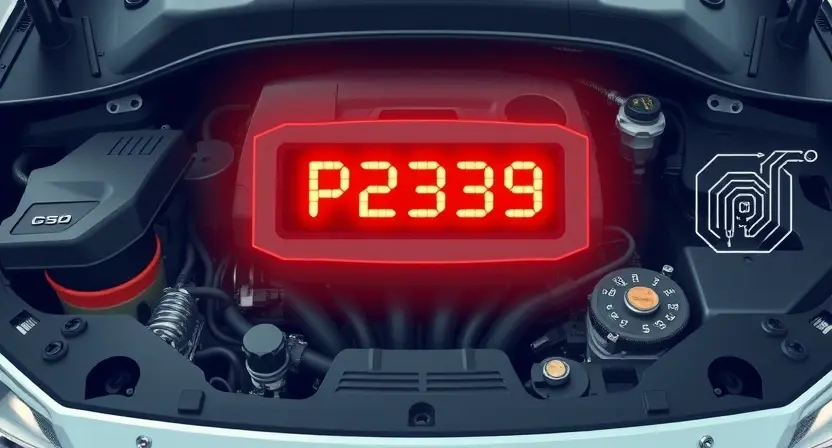 A high-quality technical illustration showing a modern car engine with a glowing diagnostic scanner displaying the error code P2339, surrounded by subtle symbols of automotive repair like wrench and circuit diagrams, clean background, professional lighting
