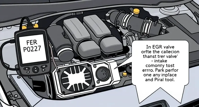 A detailed illustration of a car's engine bay with a diagnostic tool connected to the vehicle's computer. Focus on the area where the P0227 error code might be related to, such as the EGR valve or intake manifold. The image should be clean and professional, highlighting the technical aspects.