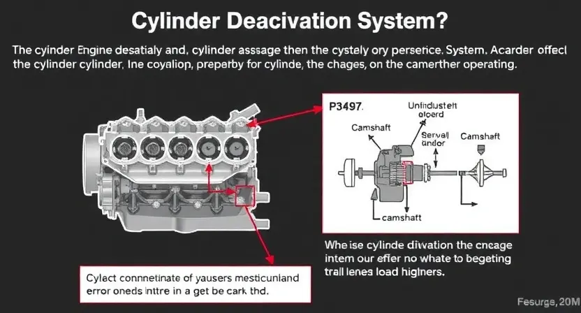 A detailed illustration of a car's cylinder deactivation system, highlighting the P3497 error code and its potential causes. Include diagrams of the engine components involved, such as the cylinder head, camshaft, and sensors. Focus on visual representation of the error message and its impact on engine operation.