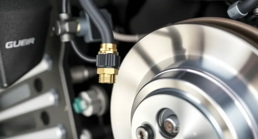 A close-up, high-quality technical illustration of a modern car's brake system component, specifically highlighting a pressure sensor on the brake line. The image should show the sensor connected to the hydraulic brake circuit with clear, realistic metallic textures and wiring, set against a clean, neutral workshop background. The focus is on the mechanical integrity and the sensor's position within the braking assembly, conveying a professional automotive diagnostic context without any text or