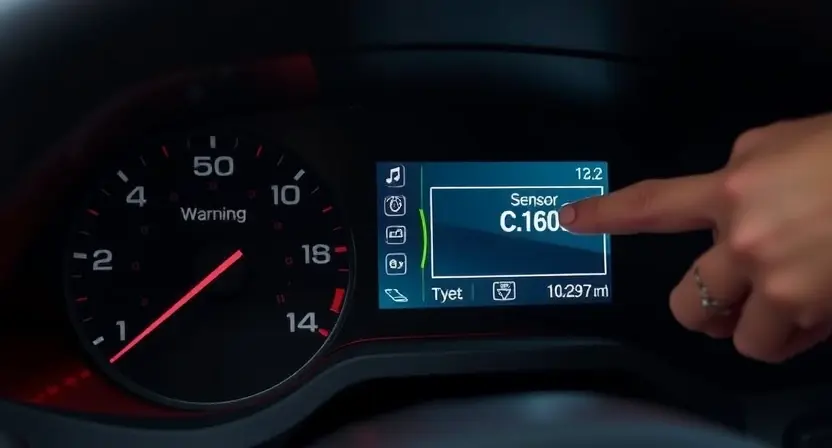 A modern car tire pressure monitoring system display on a dashboard, showing a warning light and error code C1600, with a mechanic's hand pointing at the sensor inside the tire valve, soft ambient lighting, realistic automotive interior, high detail, no text or numbers visible except the error code C1600 on the display