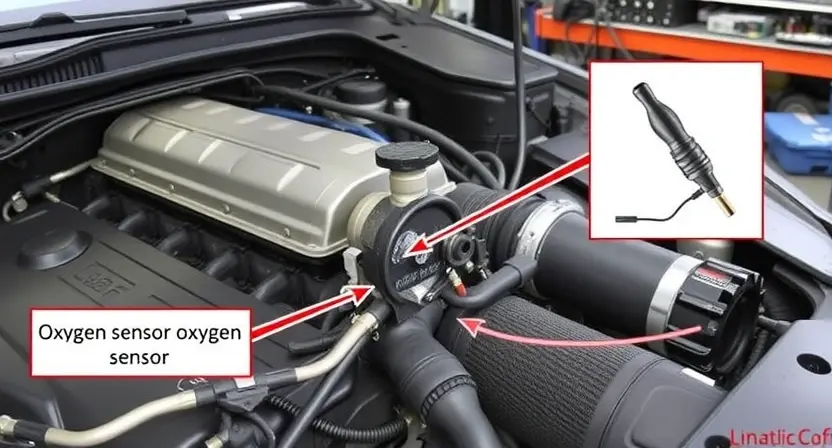 A detailed diagram illustrating a car's engine with a highlighted oxygen sensor. Arrows point to the sensor and related wiring, indicating the diagnostic process. The background shows a mechanic's workshop with tools and equipment subtly visible. Focus on the sensor's location and connection to the engine system.