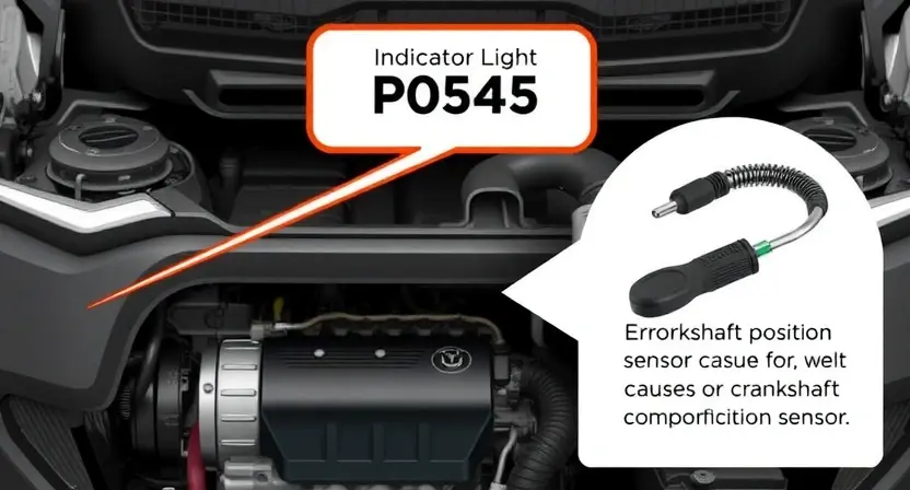 A detailed illustration of a car's engine bay, highlighting the P0545 error code indicator light on the dashboard. Focus on the diagnostic tools and potential causes of the error, such as a faulty crankshaft position sensor.