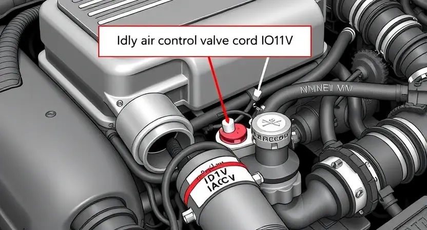 A close-up, detailed illustration of a car engine bay, highlighting the idle air control valve (IACV) and its associated wiring. The IACV should be clearly visible, with arrows pointing to its connection points and nearby sensors. The overall scene should convey a sense of automotive mechanics and diagnostics. Focus on the components related to the P0121 error code.