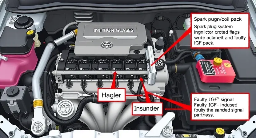A detailed illustration of a Toyota engine bay, highlighting the components of the ignition system (spark plugs, distributor/coil pack, wiring harness) and the IGF (Ignition Grade Fuel) signal pathway. Include visual cues indicating a healthy and faulty IGF signal. Focus on clarity and technical accuracy.