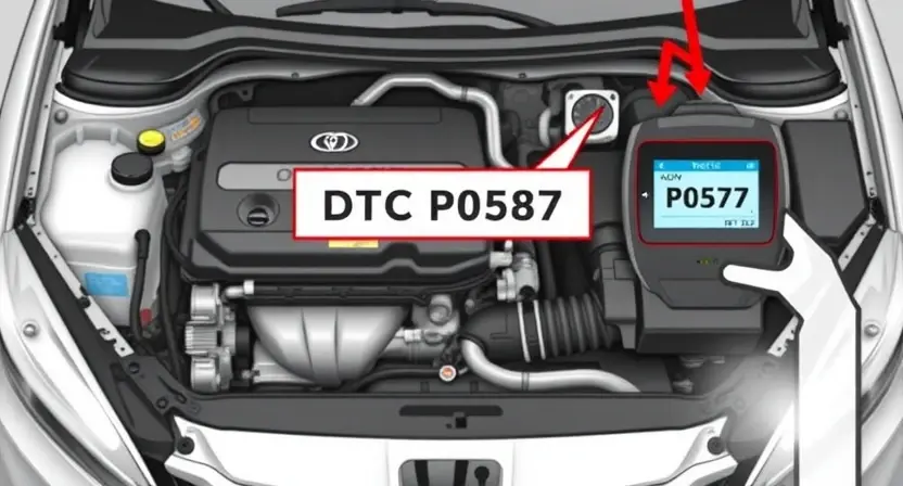 A detailed illustration of a car's engine bay, highlighting the diagnostic trouble code (DTC) P0587. The image should show a visual representation of the relevant components and wiring, with a clear indication of the P0587 code displayed on a diagnostic scanner. Focus on clarity and technical accuracy.