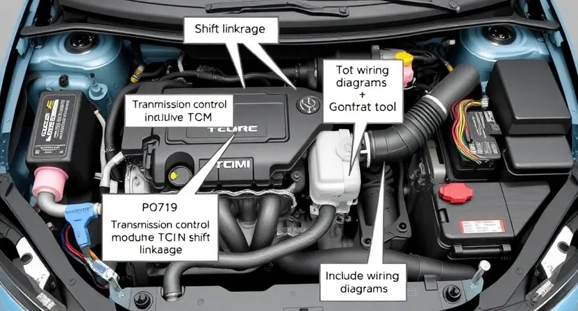 A detailed illustration of a car's engine bay, focusing on the area around the transmission control module (TCM) and the shift linkage. Include wiring diagrams and diagnostic tools. The image should clearly show the potential components related to the P0719 error code.