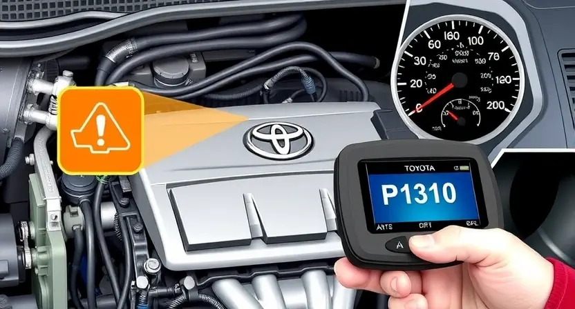 A high-quality technical illustration showing a Toyota engine with a highlighted ignition coil wiring harness, a warning light on the dashboard indicating error code P1310, and a mechanic's hand holding a diagnostic scanner displaying the code, all rendered in the specified style