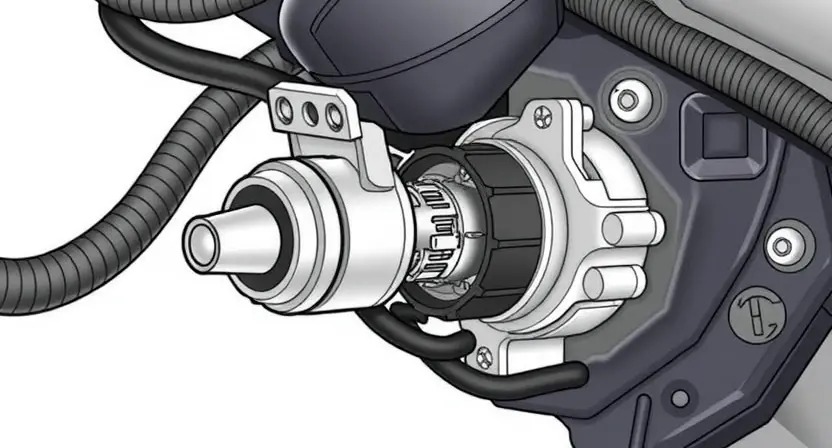 A detailed illustration of an ABS (Anti-lock Braking System) component, specifically highlighting the intake valve solenoid. The image should show the solenoid valve clearly, with surrounding hoses and wiring. Focus on the internal mechanisms of the solenoid, depicting its core components without excessive detail. The background should be a clean, neutral color to emphasize the solenoid.