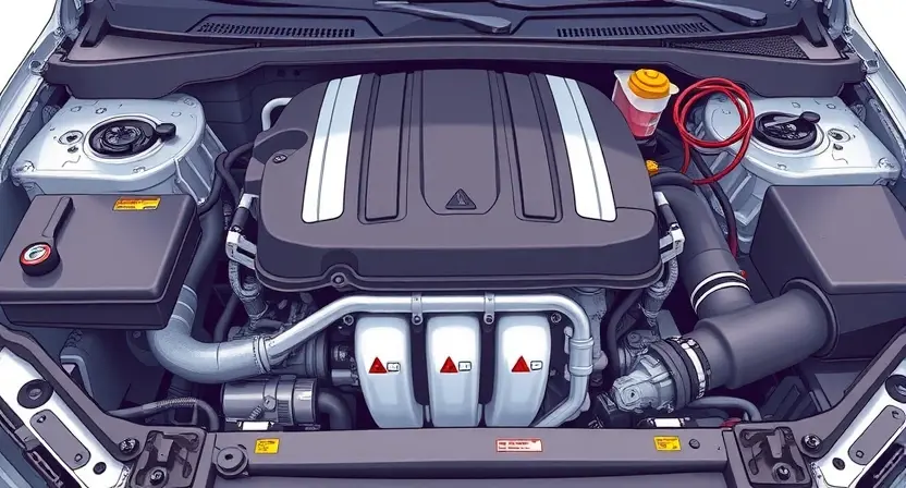 A detailed illustration of a car engine with visible error codes and diagnostic tools, showing a mechanic inspecting the engine, clean technical background, high quality