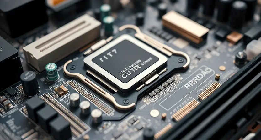 A close-up, detailed illustration of a computer motherboard with various components like CPU, RAM, and graphics card. Focus on the intricate circuitry and connections.