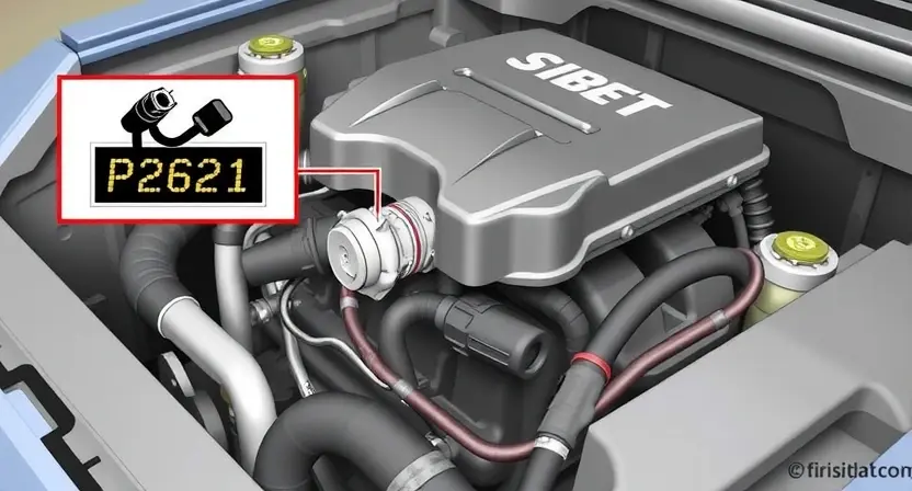 A detailed illustration of a car's engine bay, focusing on the throttle position sensor and its wiring. The sensor should be clearly visible, with wires connected to it and a diagram showing the signal line. Include a visual representation of the P2621 error code next to the sensor, perhaps as a digital display or a warning light. The background should be slightly blurred to emphasize the engine components.