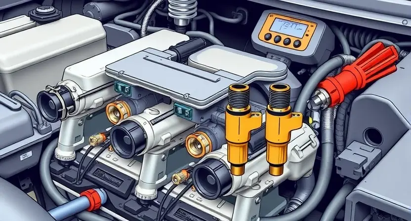 A detailed illustration of an engine bay with a focus on fuel injectors. Several fuel injectors are shown, with one injector being held up for comparison to another. The injectors are connected to the engine's fuel system. Diagnostic tools and wiring are visible in the background. The image should clearly depict the injectors and their connections, highlighting the potential for injector swapping as a troubleshooting step.