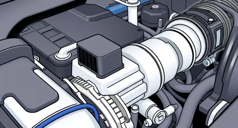 A close-up, detailed illustration of a car's engine bay, focusing on the mass airflow sensor (MAF sensor). The sensor should be clearly visible, with surrounding engine components subtly in focus. The overall lighting should be bright and clean, highlighting the sensor's details.