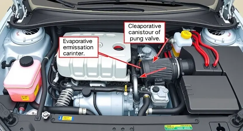 A detailed illustration of a car engine bay with a focus on the evaporative emissions control system (EVAP). Highlight the charcoal canister, purge valve, and associated hoses. Use clear, bright colors to differentiate the components. The engine should appear clean and well-maintained.