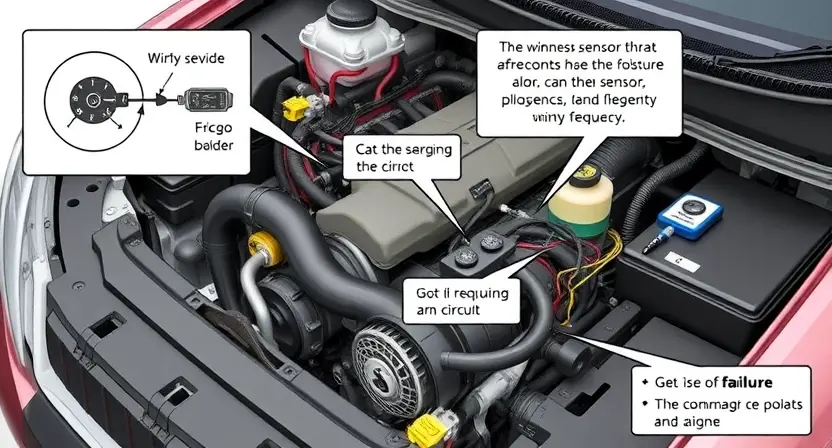 A detailed illustration of a car's engine bay, focusing on the area where the frequency sensor circuit is located. Include wiring diagrams and components like the sensor, ECU, and relevant connectors. The image should clearly depict the circuit and potential points of failure.
