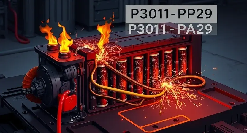 A detailed illustration of a high-voltage battery pack with a visible internal short circuit. The image should focus on the damaged components and the cause of the error code P3011-P3029. Show burnt wires, damaged cells, and potentially a sparking area. The background should be a dark, industrial setting.