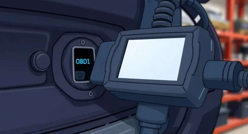 A close-up, detailed illustration of a car's OBD-II port with a diagnostic tool connected. The background should subtly suggest an automotive repair shop environment, but the focus is on the port and the tool. The image should convey technical precision and problem-solving.