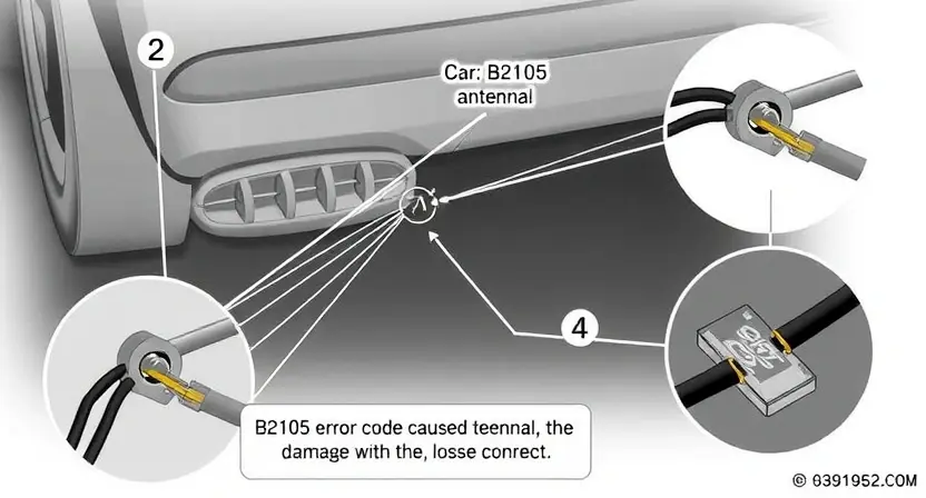 A detailed illustration of a car's antenna circuit, highlighting the B2105 error code and its potential cause. Include visual representations of the antenna, wiring, and possible damage (e.g., loose connection, corrosion). Focus on technical accuracy and clarity.