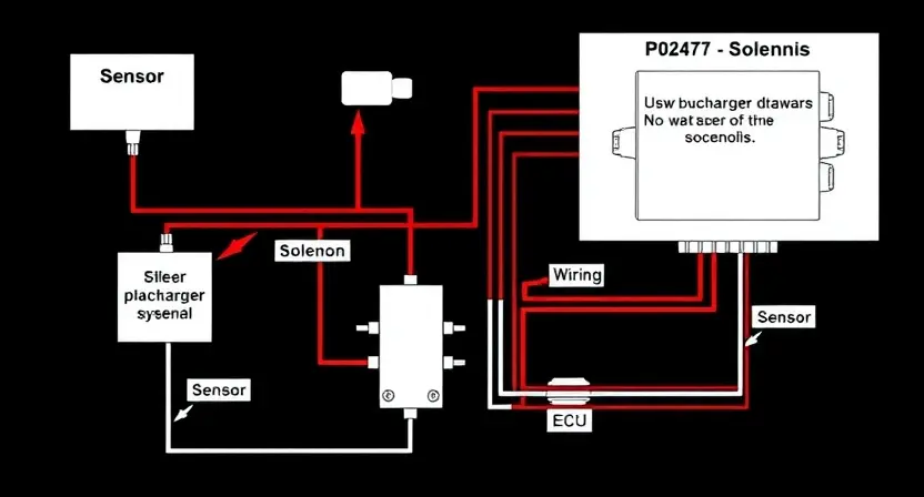 A detailed diagram illustrating the electrical circuit and solenoid related to P0247 error code in a turbocharger system. The diagram should clearly show the components (sensor, solenoid, wiring, ECU) and their connections. Include labels for each component and connection. The image should be clean and easy to understand, with arrows indicating the flow of electricity.