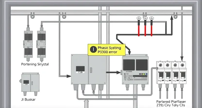 A detailed technical illustration of a distribution system's phasing system, highlighting a P3300 error. The image should show interconnected electrical components like transformers, circuit breakers, and busbars. Focus on the phasing connections and potential points of failure. Use clear visual cues to indicate the error state – perhaps a highlighted component or a disrupted connection. The overall aesthetic should be clean and informative, suitable for a technical manual.