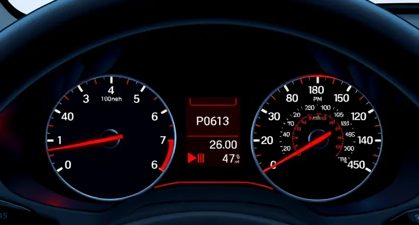 A detailed illustration of a car's dashboard with a P0613 error code displayed on the instrument cluster. The dashboard should be brightly lit, showing various gauges and indicators. Focus on the error code and its location within the display.