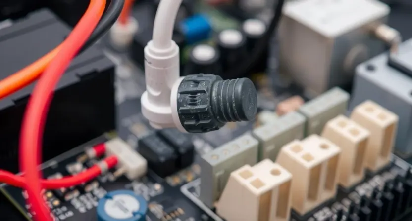 A close-up, detailed image of an electronic circuit board with a sensor connected. Focus on the area where the sensor cable connects to the board, highlighting potential signs of damage or loose connections. Include wires and connectors in the background to show the overall system.