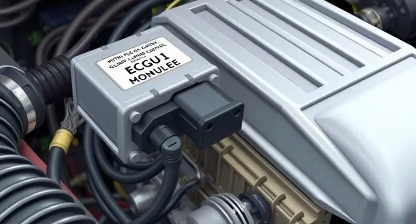 A close-up, detailed illustration of an automotive engine bay. Focus on the Engine Control Unit (ECU) and the wiring harness connected to the glow plug control module. Highlight the wiring connections and the module itself. The overall scene should convey a sense of technical precision and diagnostic inspection.