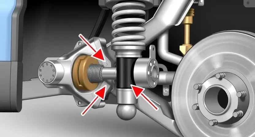 A detailed illustration of a car's front left suspension system, highlighting the adaptive shock absorber. The shock absorber should be clearly visible, with arrows pointing to potential points of failure or wear. The surrounding components like the control arm, wheel hub, and brake disc should be present but less emphasized. The image should convey a sense of technical accuracy and clarity, suitable for a repair manual.
