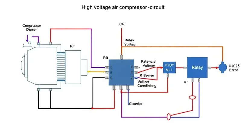 A detailed schematic diagram of a high-voltage air conditioner compressor circuit, highlighting the U3025 error point. The diagram should clearly show the compressor, capacitor, relay, and associated wiring. Use color-coding to differentiate components and voltage levels. Focus on the electrical connections and potential points of failure. The background should be a clean, neutral color.