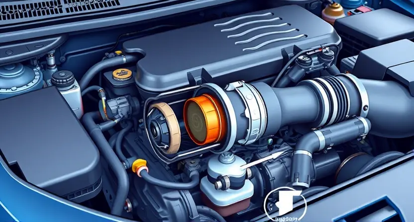 A detailed illustration of a car's engine bay, focusing on the mass airflow sensor (MAF sensor) and its surrounding components. The image should clearly show the sensor's location within the intake system, with visible air intake ducting and connections to the engine. Use bright, clean colors to highlight the sensor and its parts. The background should be slightly blurred to emphasize the engine components. The overall composition should be informative and visually appealing, suitable for a tech