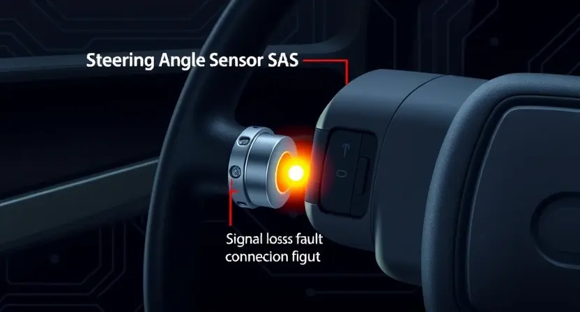 A close-up technical illustration of a modern car's steering column assembly, highlighting the Steering Angle Sensor (SAS) unit with a glowing connection point to indicate a signal loss fault, set against a clean, dark automotive diagnostic background with subtle circuit board patterns, no text or labels