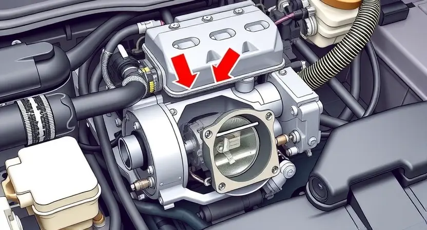 A detailed illustration of a car engine bay, focusing on the throttle body and related components. The throttle body should be clearly visible, with arrows indicating airflow direction. Include surrounding engine parts like hoses, wires, and sensors, but keep the focus on the throttle body. The overall image should convey a sense of technical precision and clarity, suitable for an automotive repair manual.