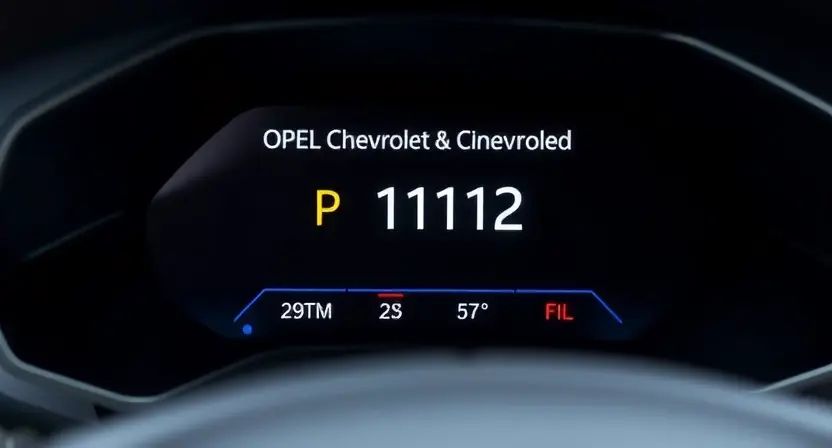 A close-up shot of an automotive dashboard displaying a diagnostic screen with the 'P1112' error code highlighted. The dashboard should be clean and modern, with a focus on the error message. The background should be slightly blurred to emphasize the display. Include a subtle representation of an Opel or Chevrolet car interior in the blurred background.
