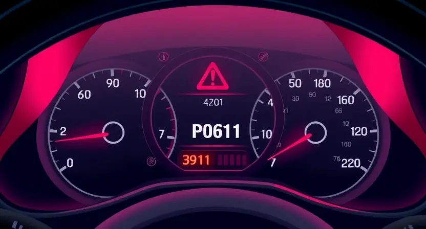 A detailed illustration of a car's dashboard with a P0611 error code displayed on the instrument cluster. The dashboard should be brightly lit, showing various gauges and warning lights. Focus on the error code and its visual representation.