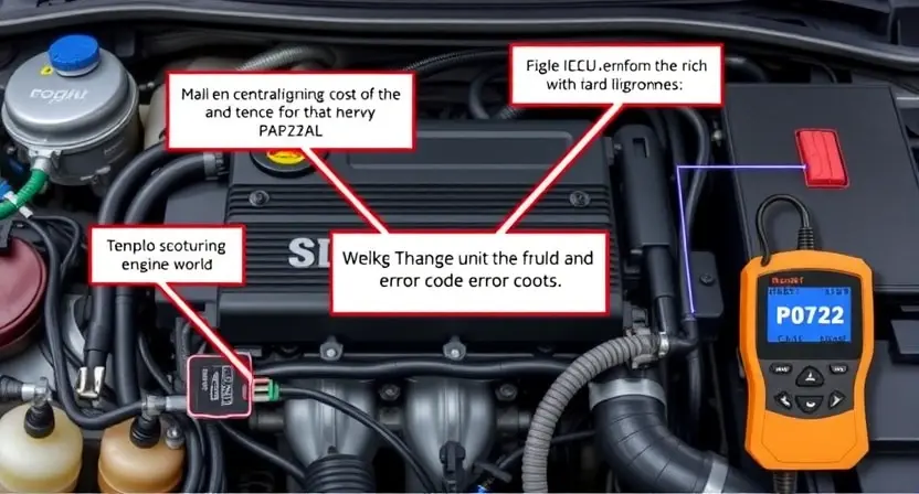 A detailed illustration of a car's engine control unit (ECU) with various diagnostic tools connected, highlighting the P0722 error code indicator. Focus on the electronic components and wiring.